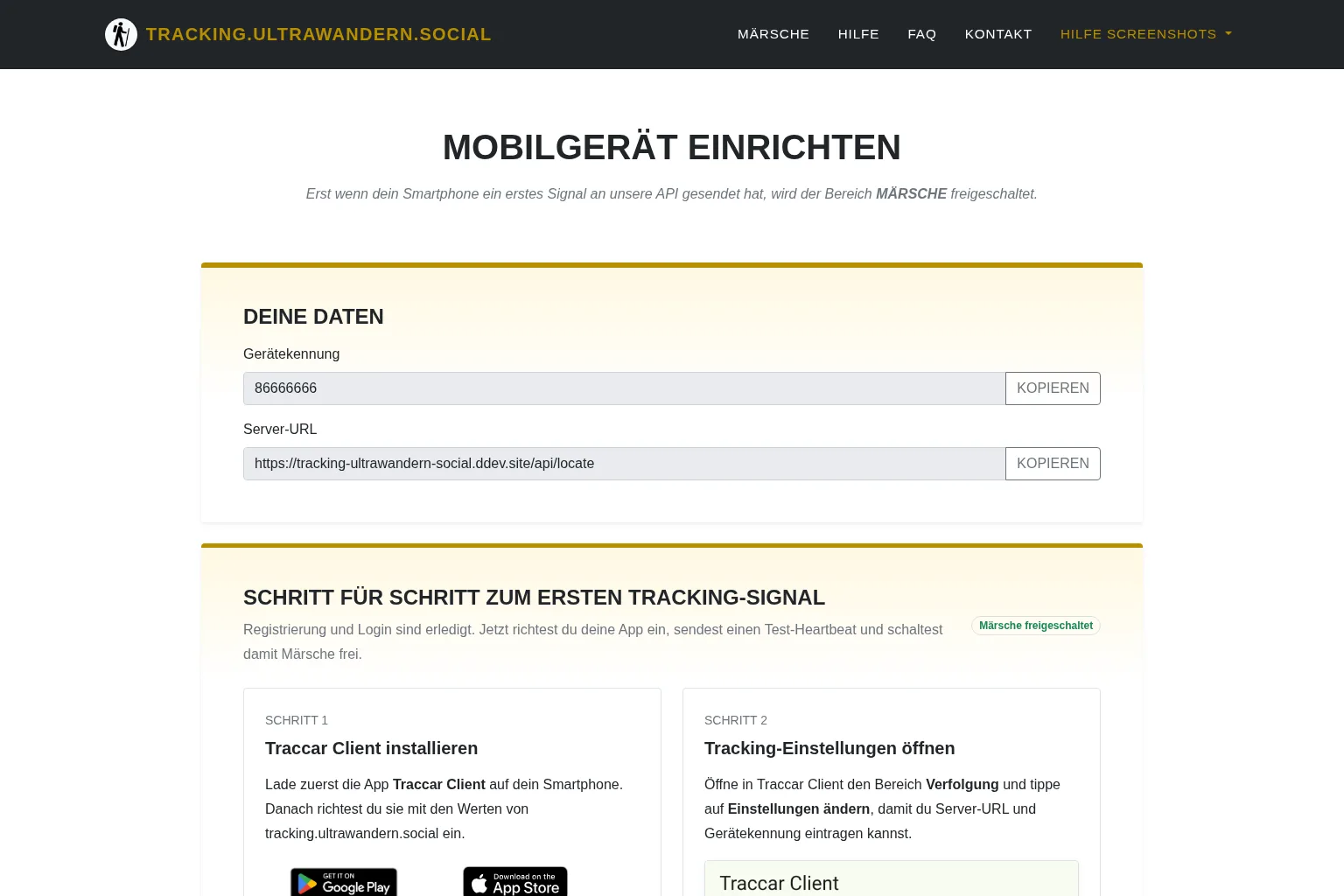 Screenshot der Seite Mobilgerät einrichten mit Gerätekennung, Tracking-Status und App-Presets