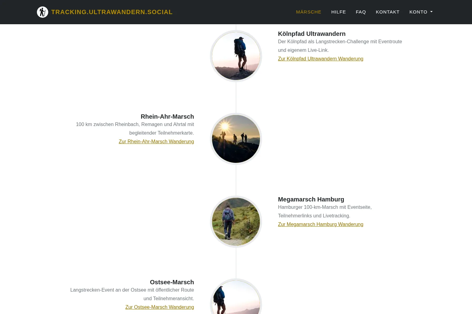 Screenshot der Event-Übersicht mit Suche und Statusfiltern auf tracking.ultrawandern.social