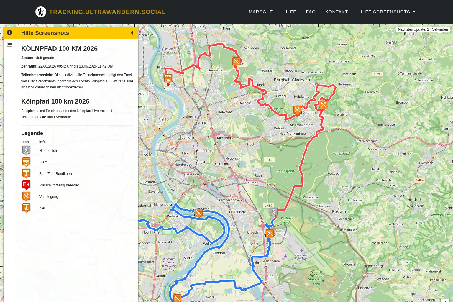 Screenshot einer Teilnehmeransicht mit Basisroute, Live-Track und Steuerung der Teilnehmerseite