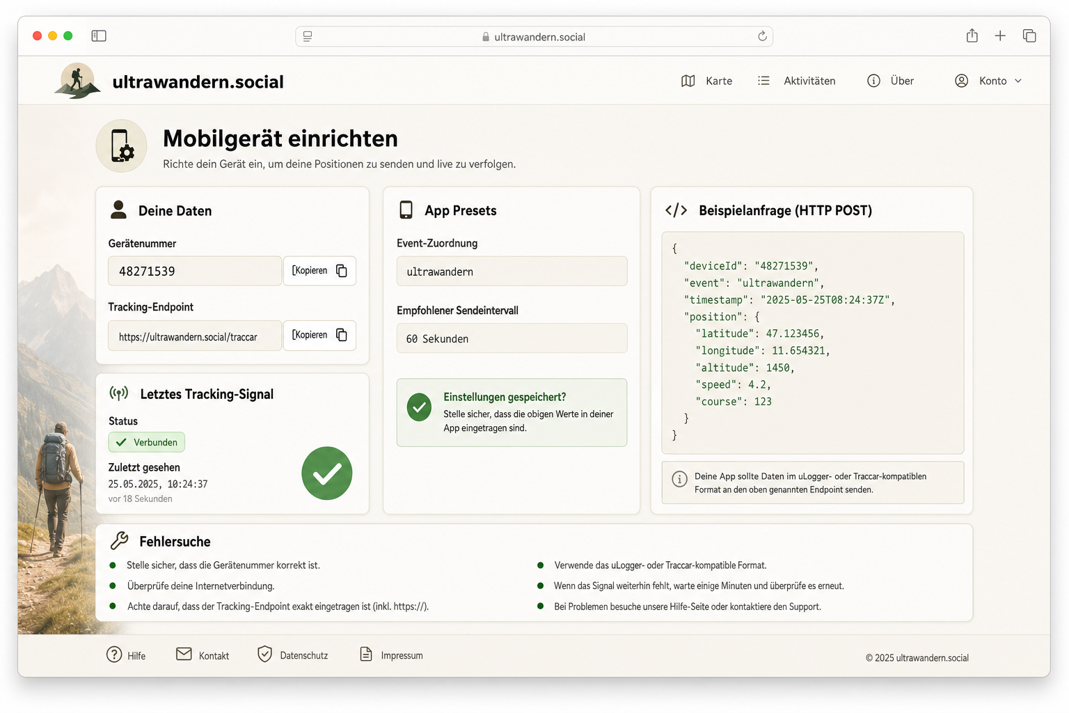 Screenshot der Seite Mobilgerät einrichten mit Gerätenummer, Tracking-Status und App-Presets