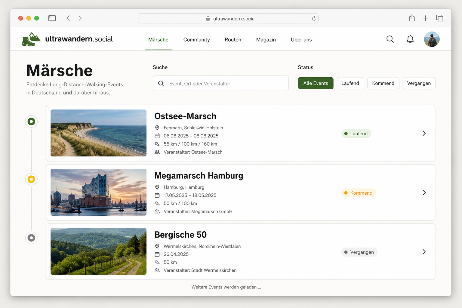 Screenshot der Event-Übersicht mit Suche und Statusfiltern auf ultrawandern.social