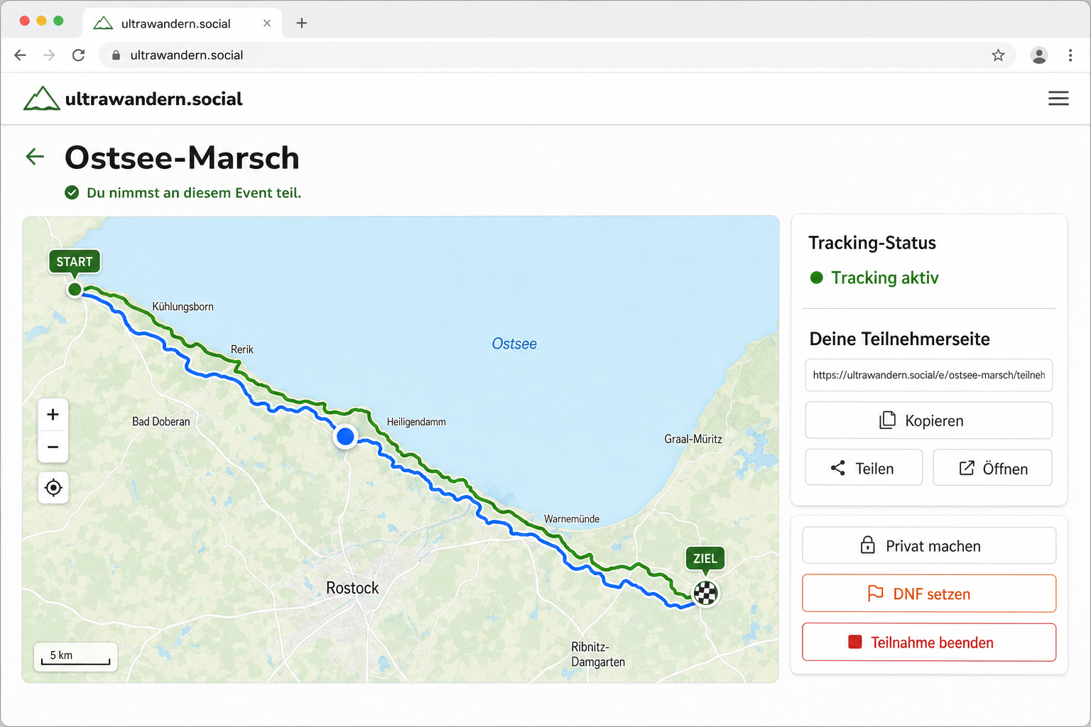 Screenshot einer Teilnehmeransicht mit Basisroute, Live-Track und Steuerung der Teilnehmerseite